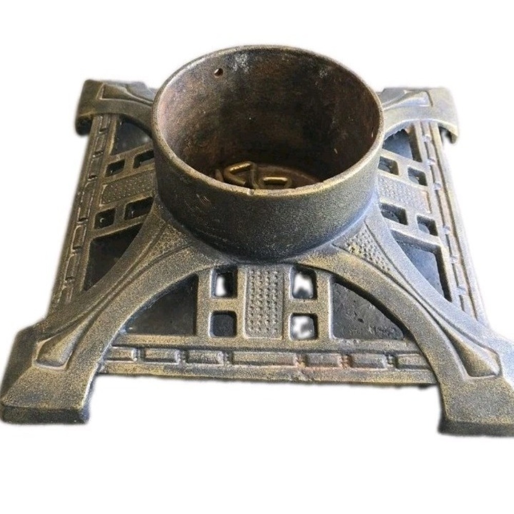 Vintage Art Deco Cast Iron Christmas Tree‎ Stand 13.5" Square Brushed Gold Brass